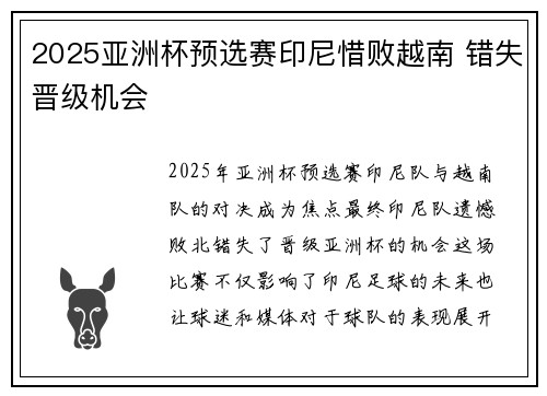 2025亚洲杯预选赛印尼惜败越南 错失晋级机会